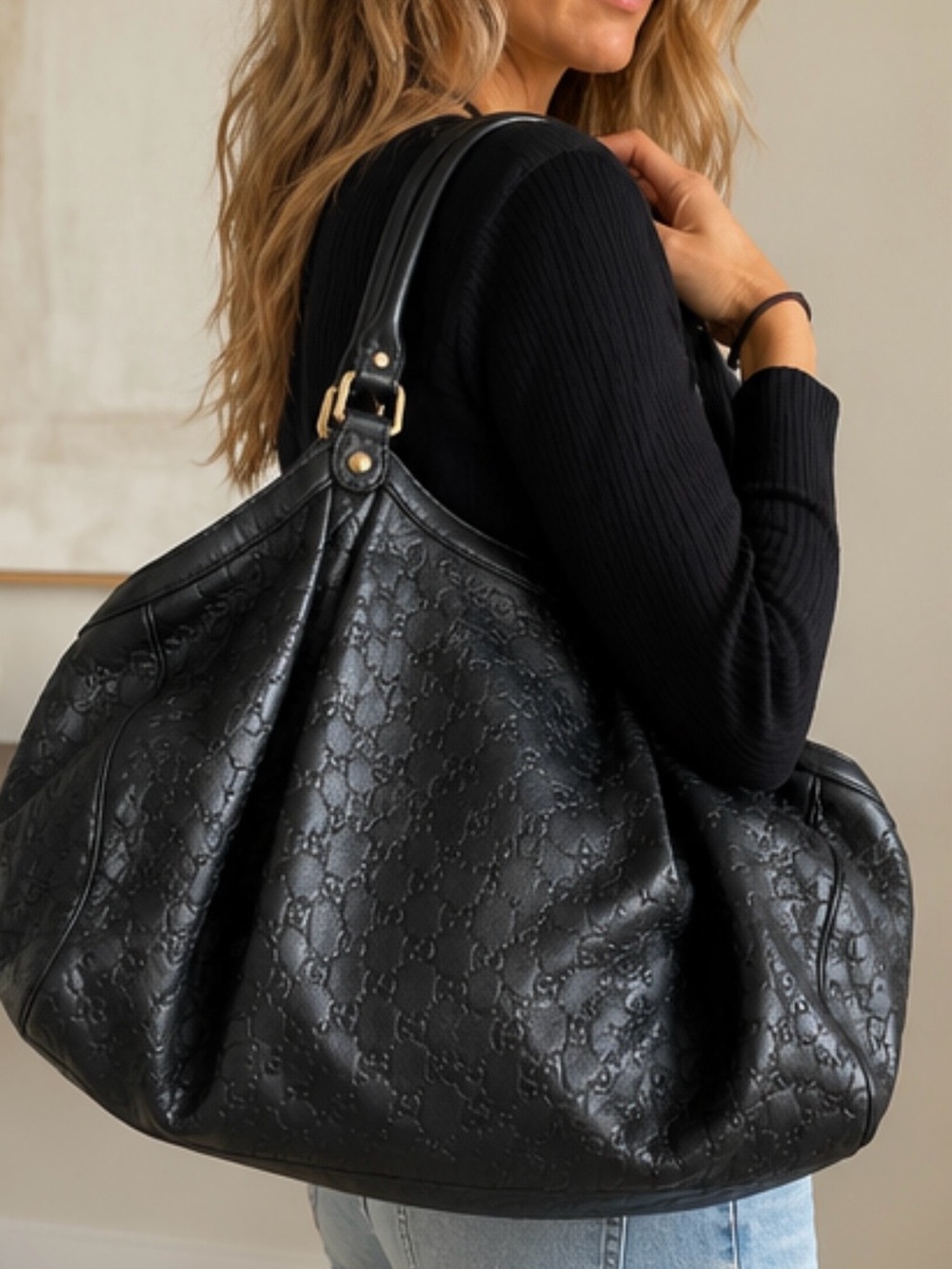 GUCCI Guccissima Black Embossed Leather Large Shoulder Tote Bag